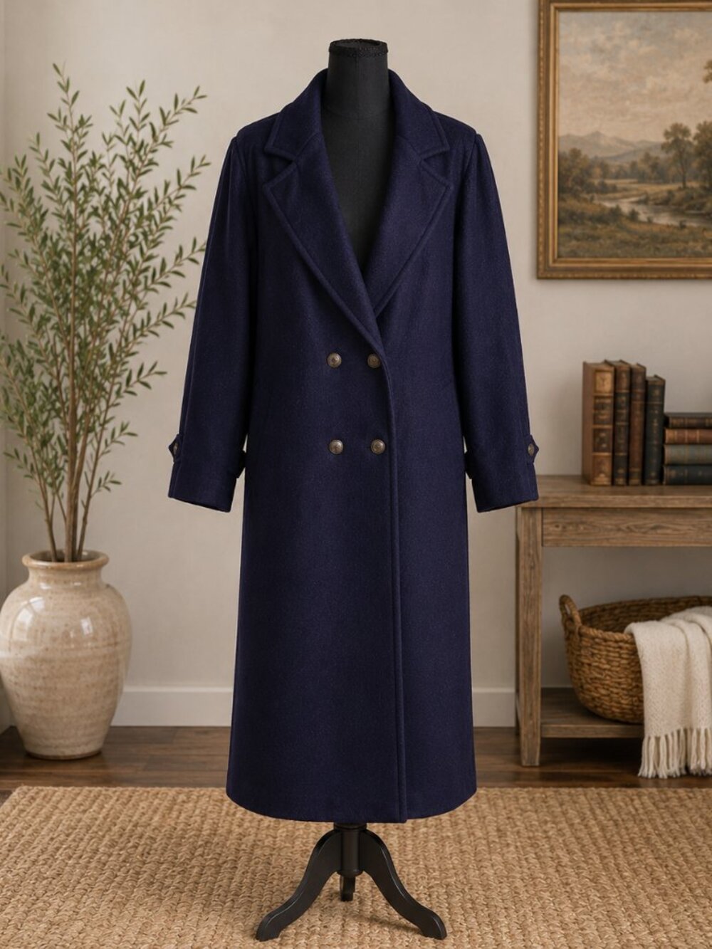 Vintage 1980s JOFELD Navy Wool Blend Double Breasted Long Coat Women's 12/14